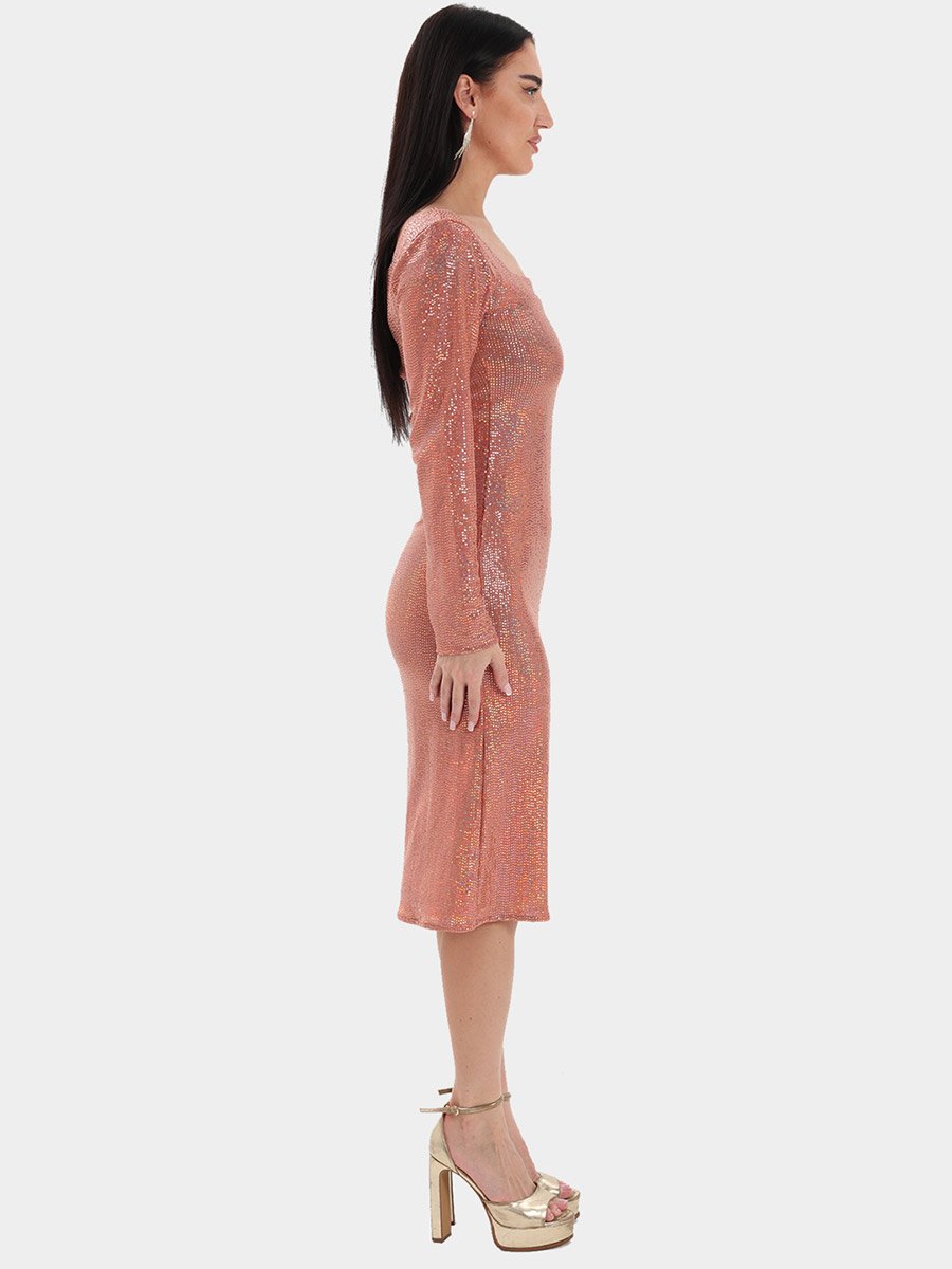 Peach Sequin Bodycon Midi Dress