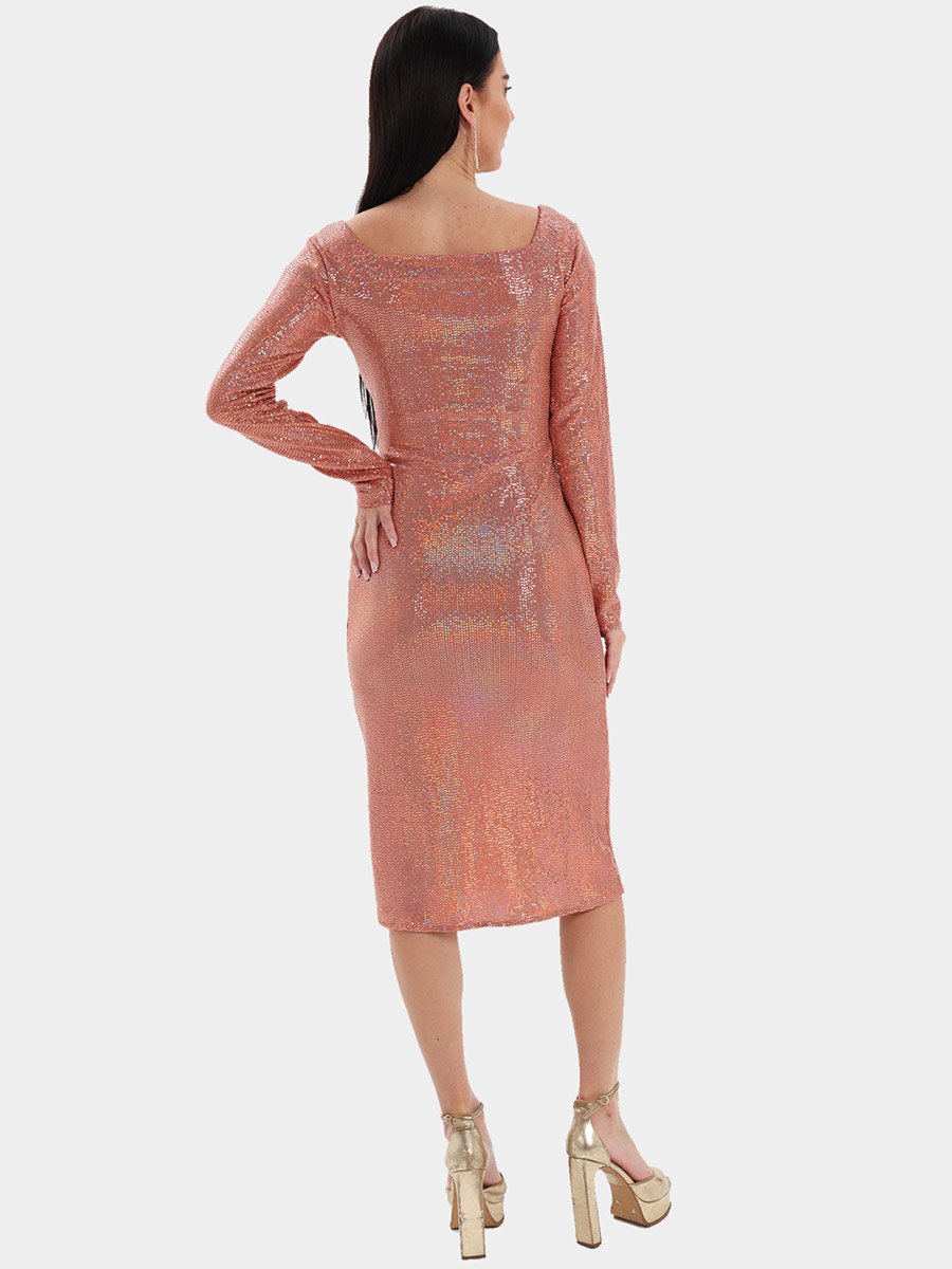 Peach Sequin Bodycon Midi Dress