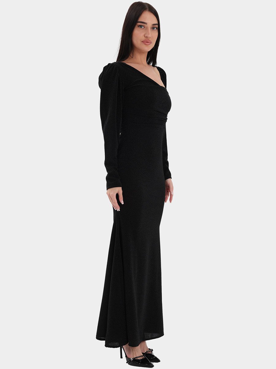 Black Asymmetric Neck Mermaid Hem Maxi Dress