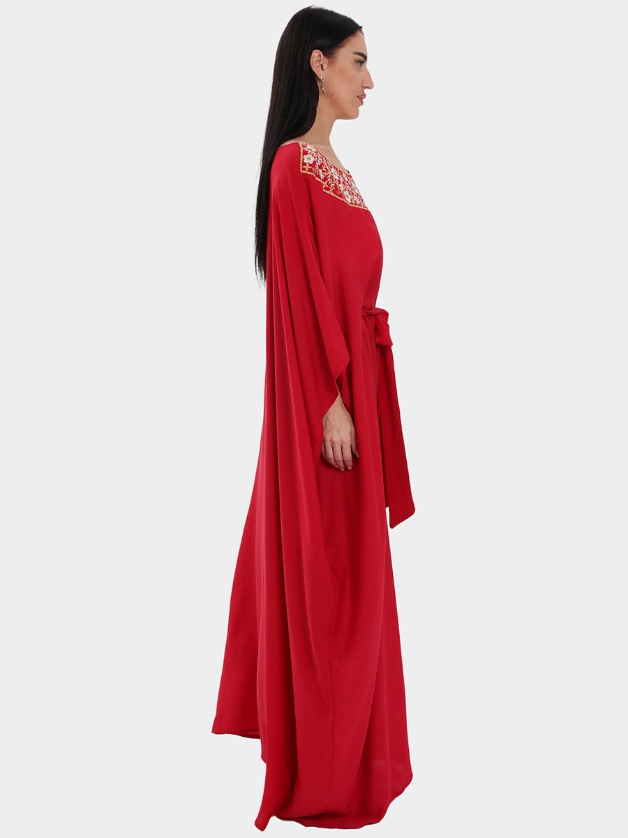 Red Embroidered Waist Tie Kaftan Maxi Dress For Women at Bahrain | Styli