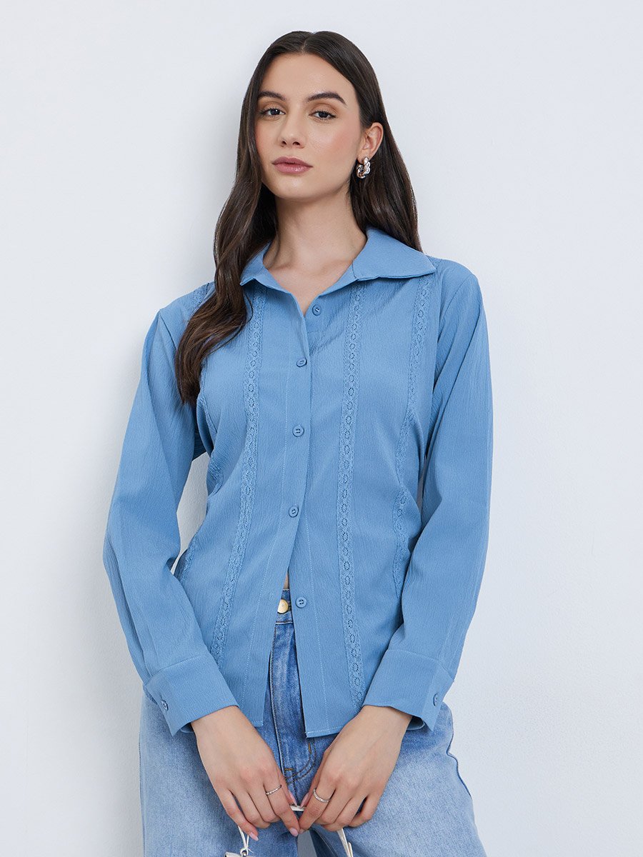 Solid Lace Trim Buttoned Long Sleeve Shirt