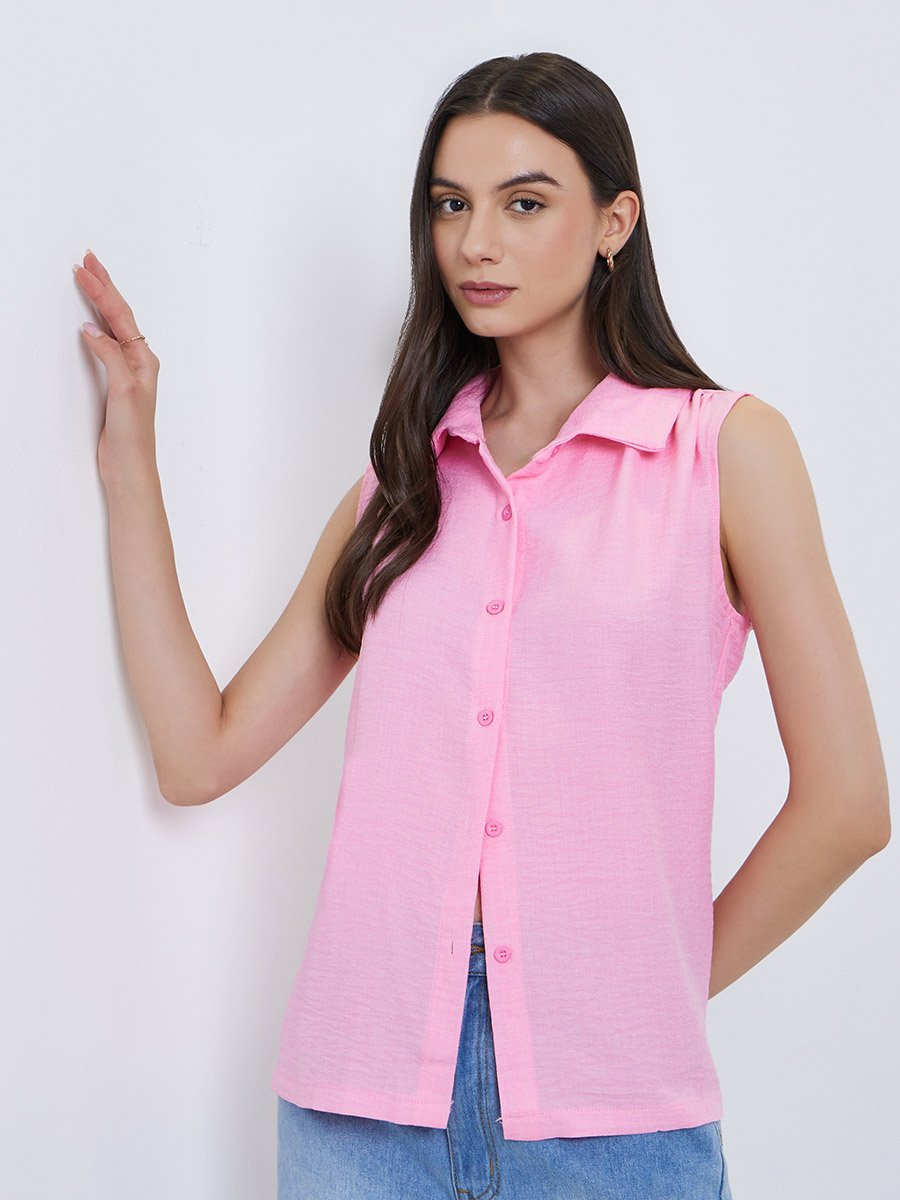 Solid Sleeveless Buttoned Shirt