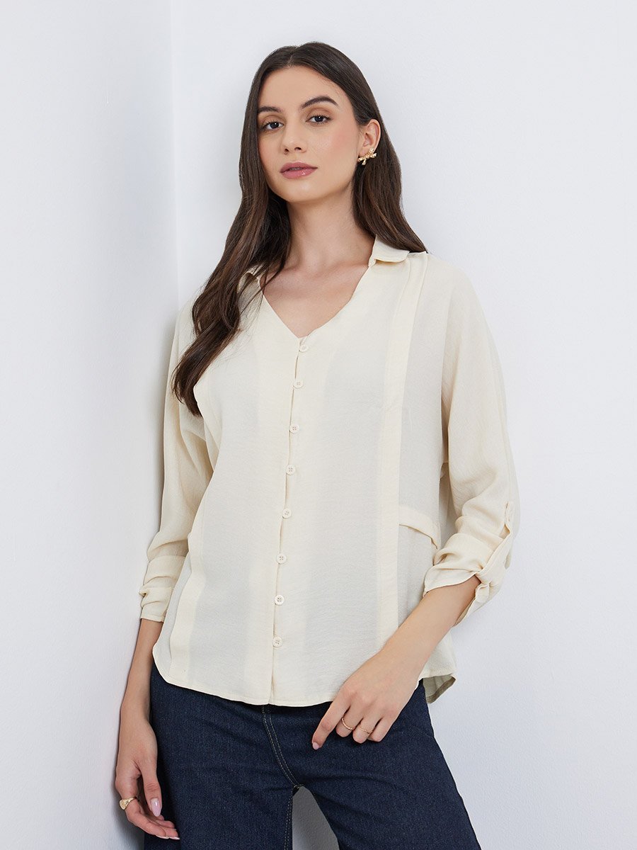 Solid Roll Up Sleeve Buttoned Shirt