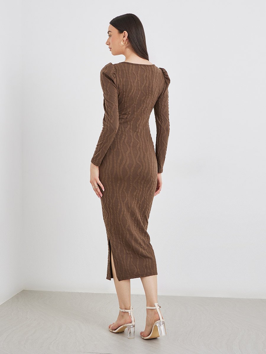 Textured Puff Sleeve Midi Dress
