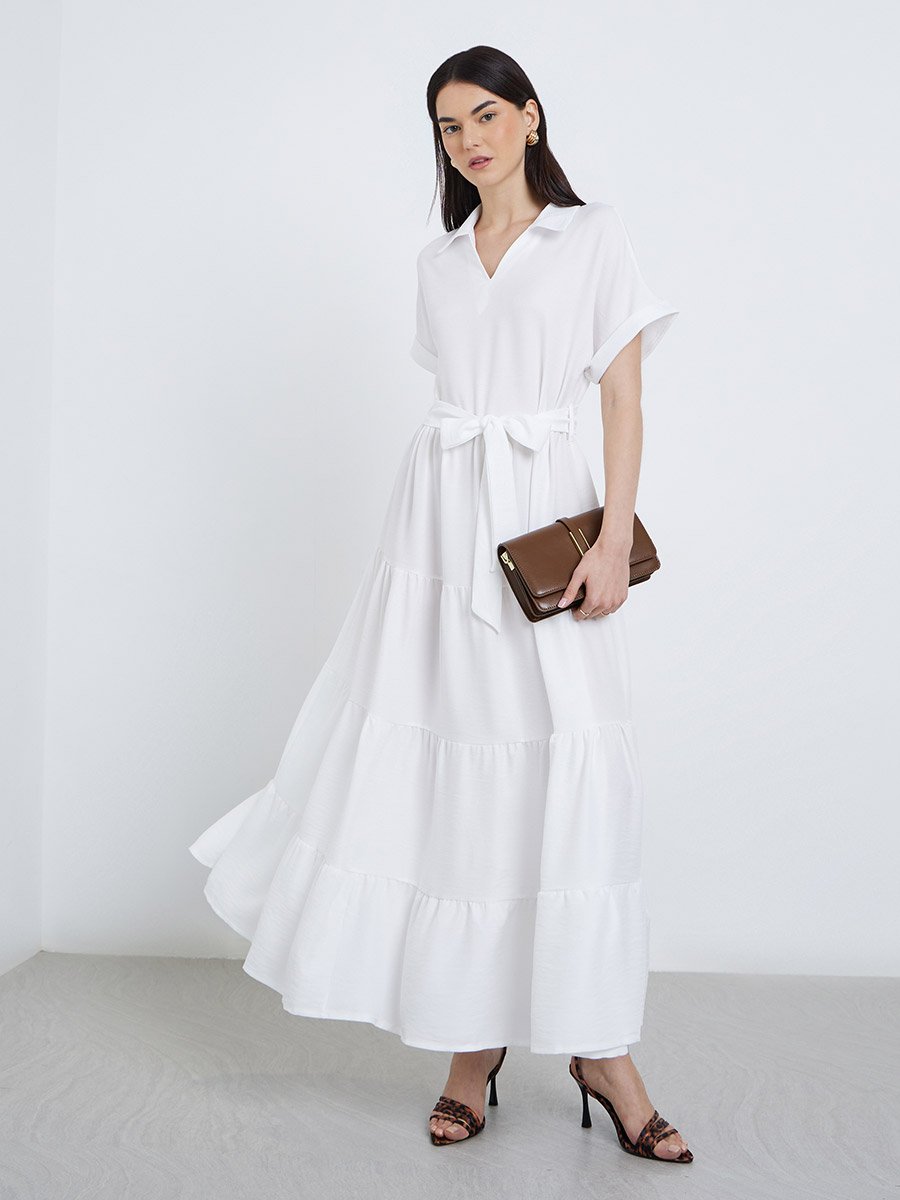 Elegant White Tiered Maxi Dress For Women at UAE | Styli