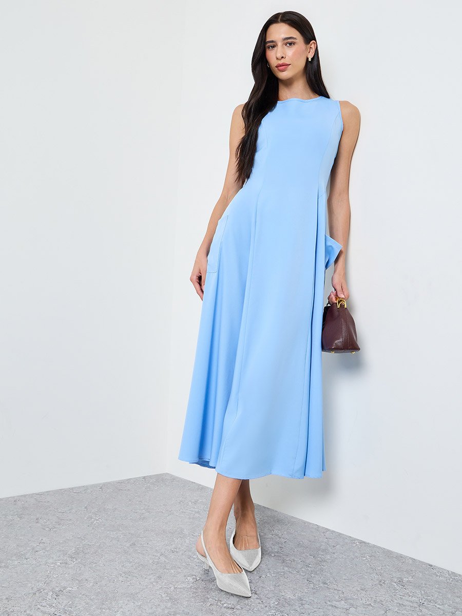 Blue Sleeveless Pocketed Midi Dress