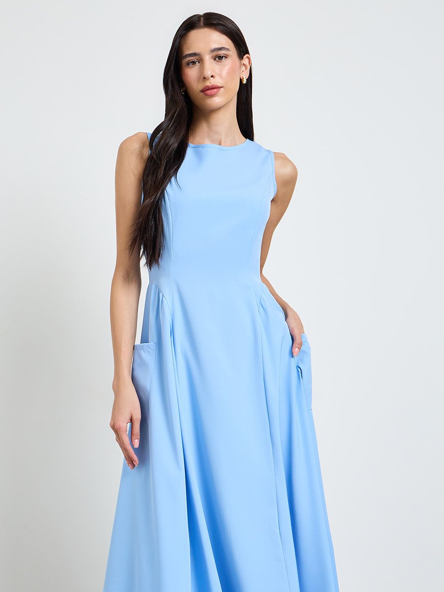 Blue Sleeveless Pocketed Midi Dress