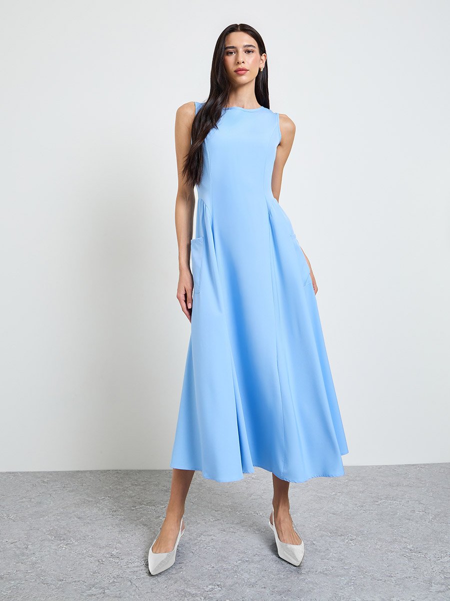 Blue Sleeveless Pocketed Midi Dress