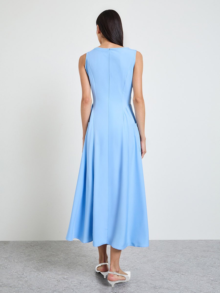Blue Sleeveless Pocketed Midi Dress