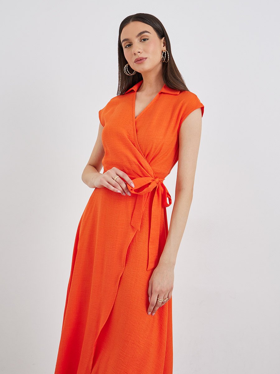 knee length dresses for ladies Orange Floral Print Sleeveless Midi Dress main image 1