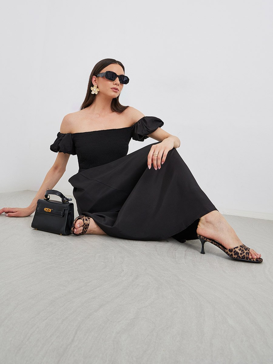 Solid Puff Sleeve Smocked Detail Midi Dress