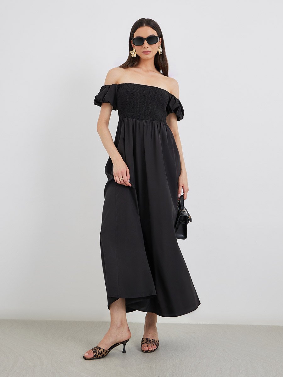 Solid Puff Sleeve Smocked Detail Midi Dress