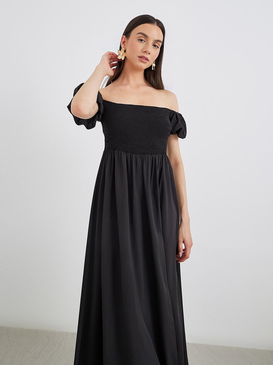 Solid Puff Sleeve Smocked Detail Midi Dress