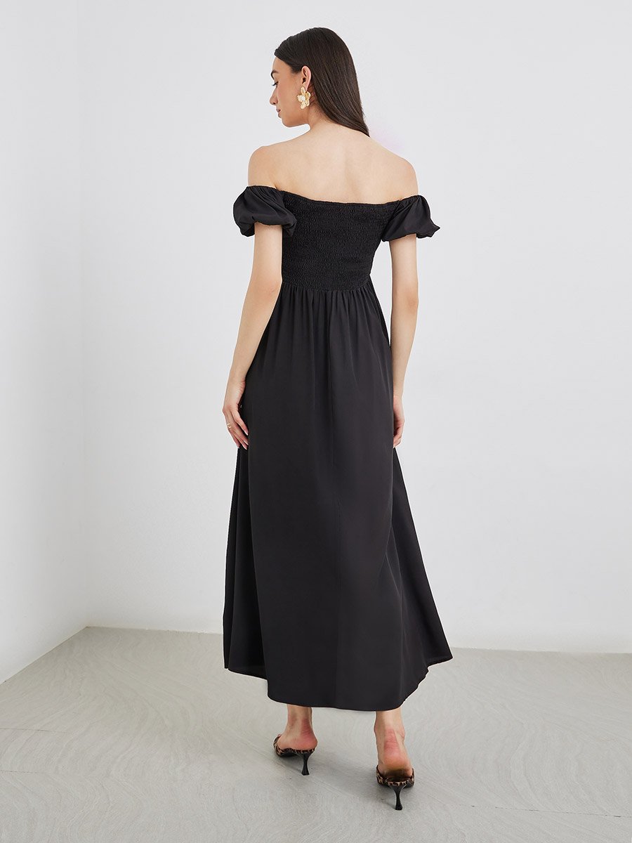 Solid Puff Sleeve Smocked Detail Midi Dress