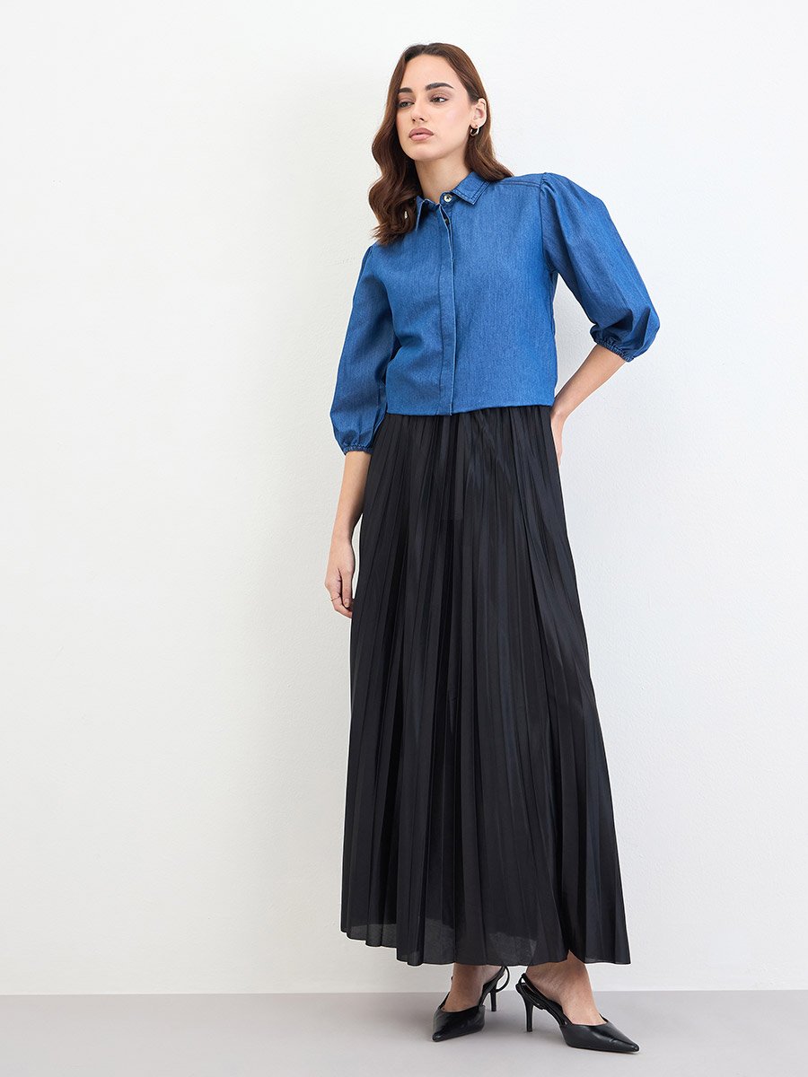 Solid Denim Shirt with Balloon Sleeves