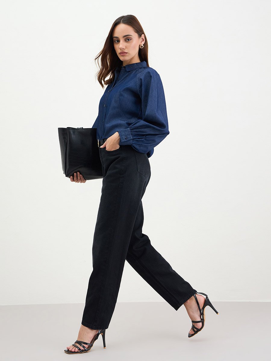 Dark Blue Balloon Sleeves Denim Blouse