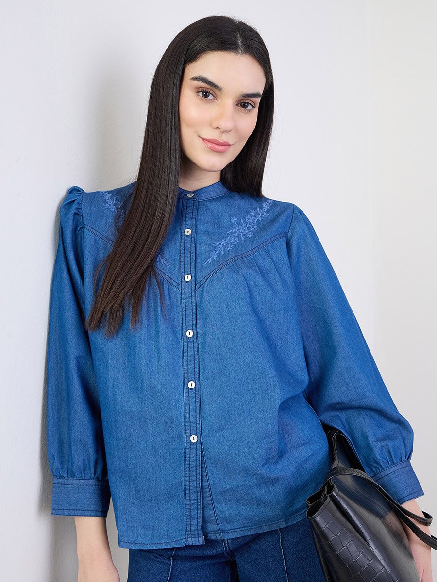 Blue Embroidered Relaxed Fit Denim Shirt