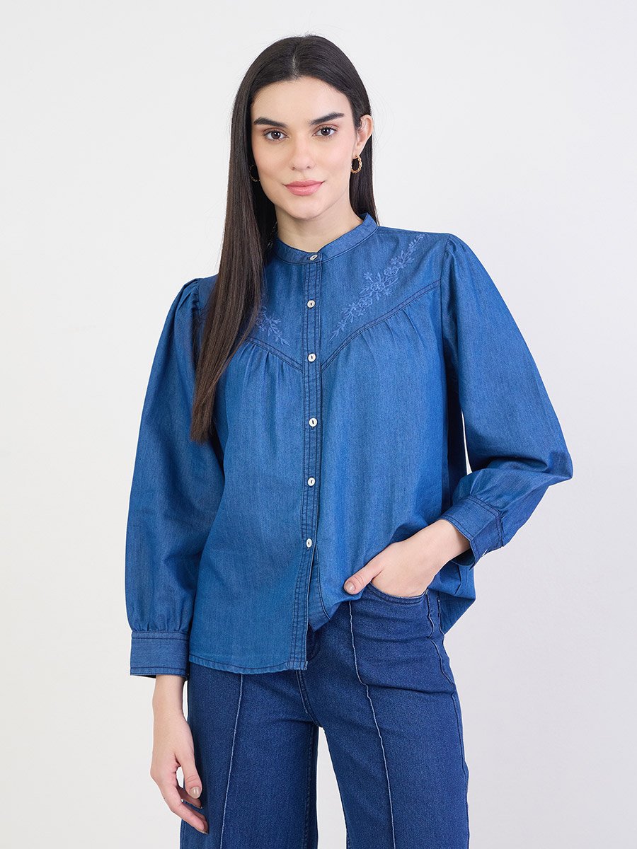 Blue Embroidered Relaxed Fit Denim Shirt