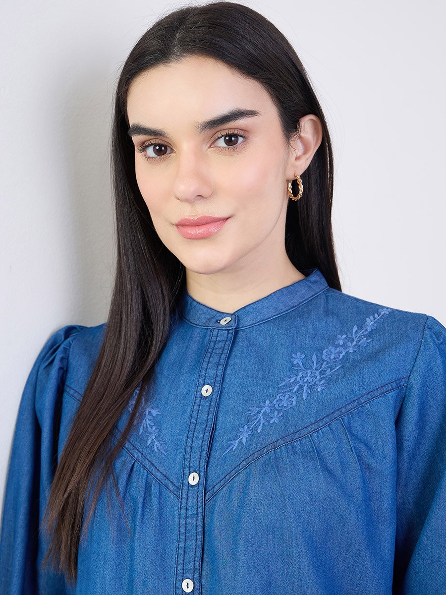 Blue Embroidered Relaxed Fit Denim Shirt