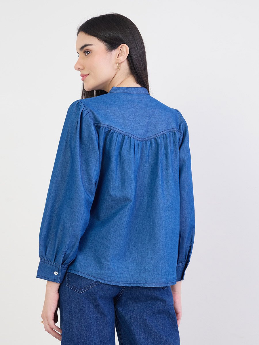 Blue Embroidered Relaxed Fit Denim Shirt