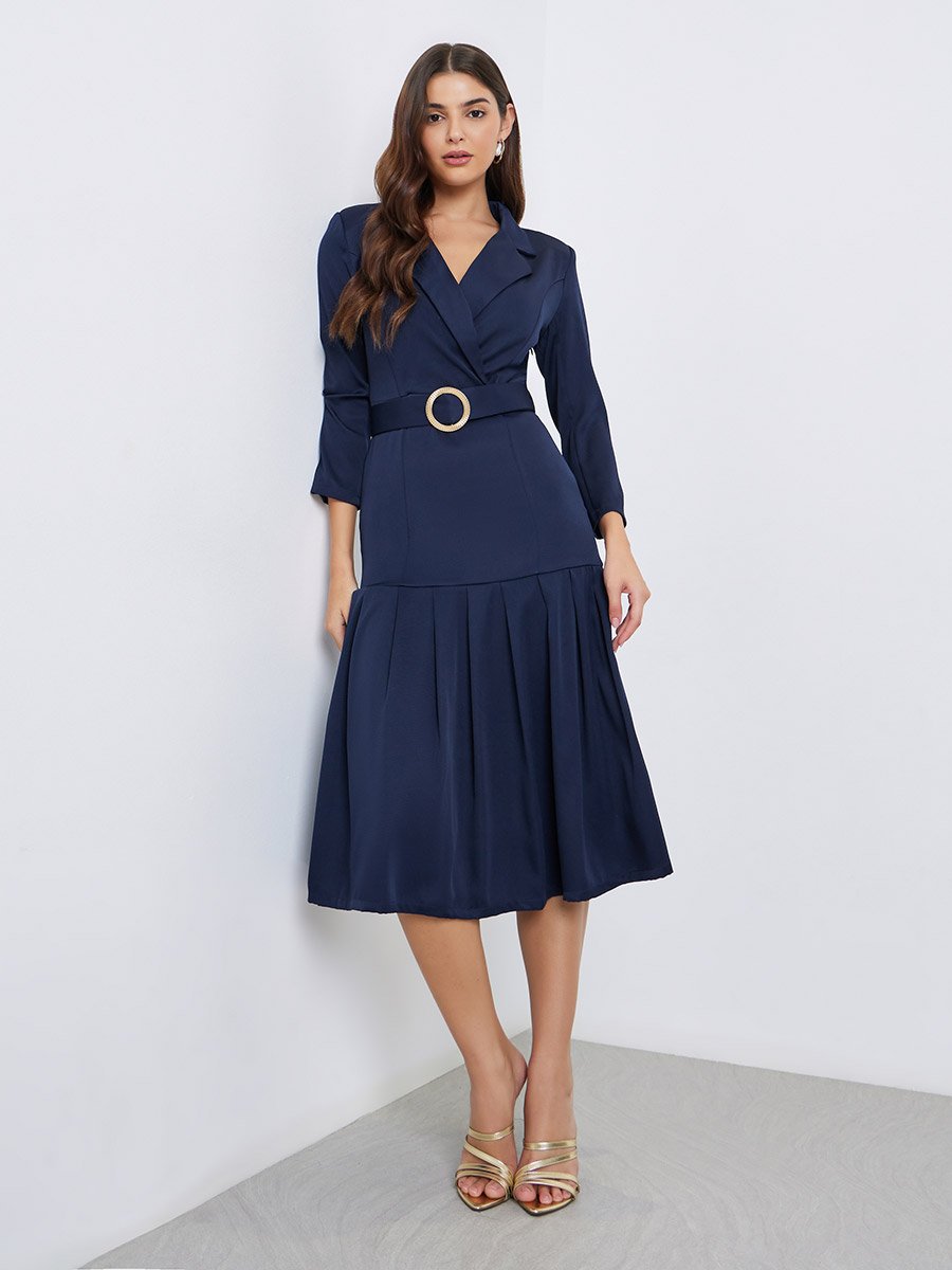Plain Long Sleeves Blazer Midi Dress