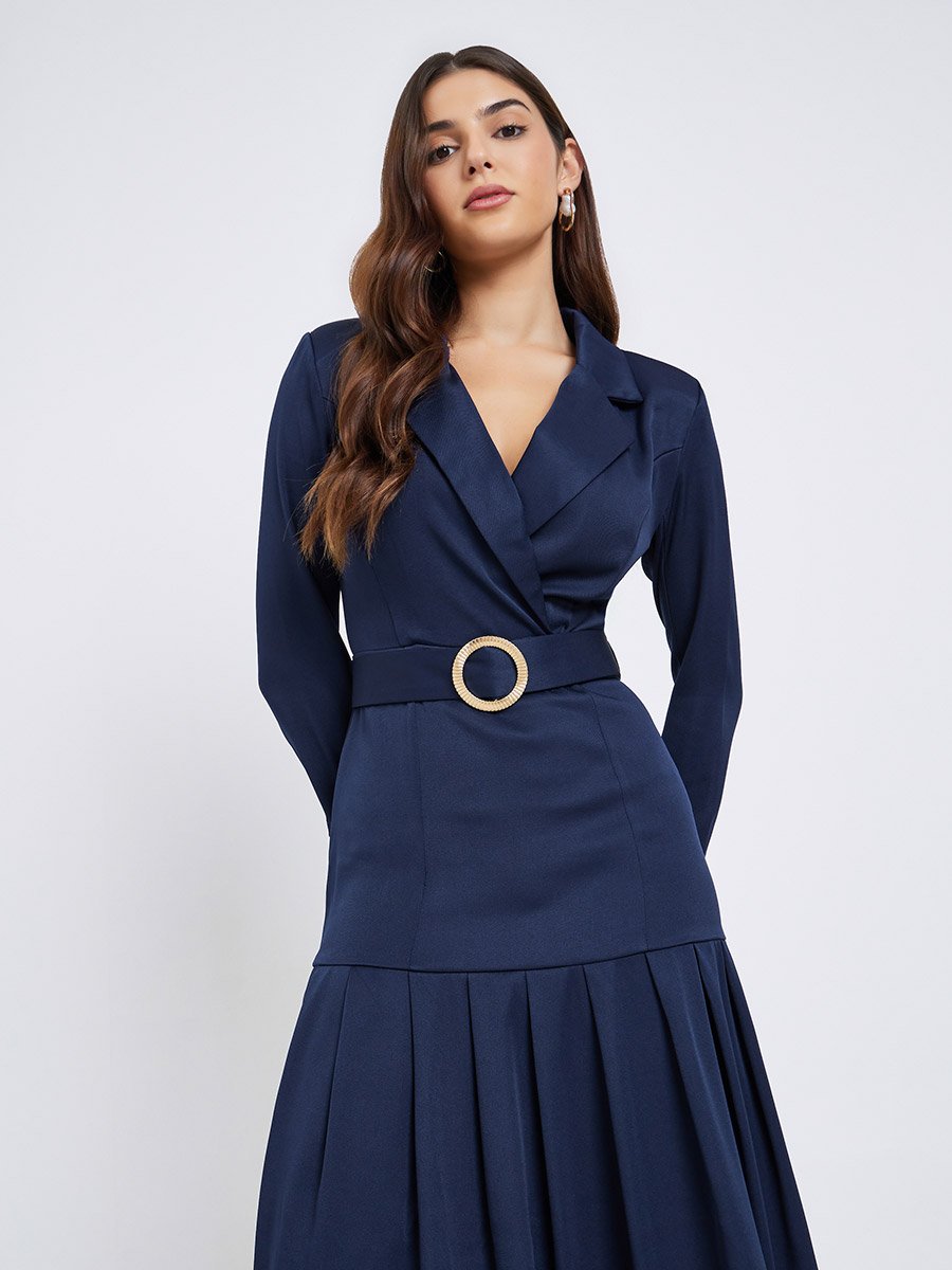 Plain Long Sleeves Blazer Midi Dress