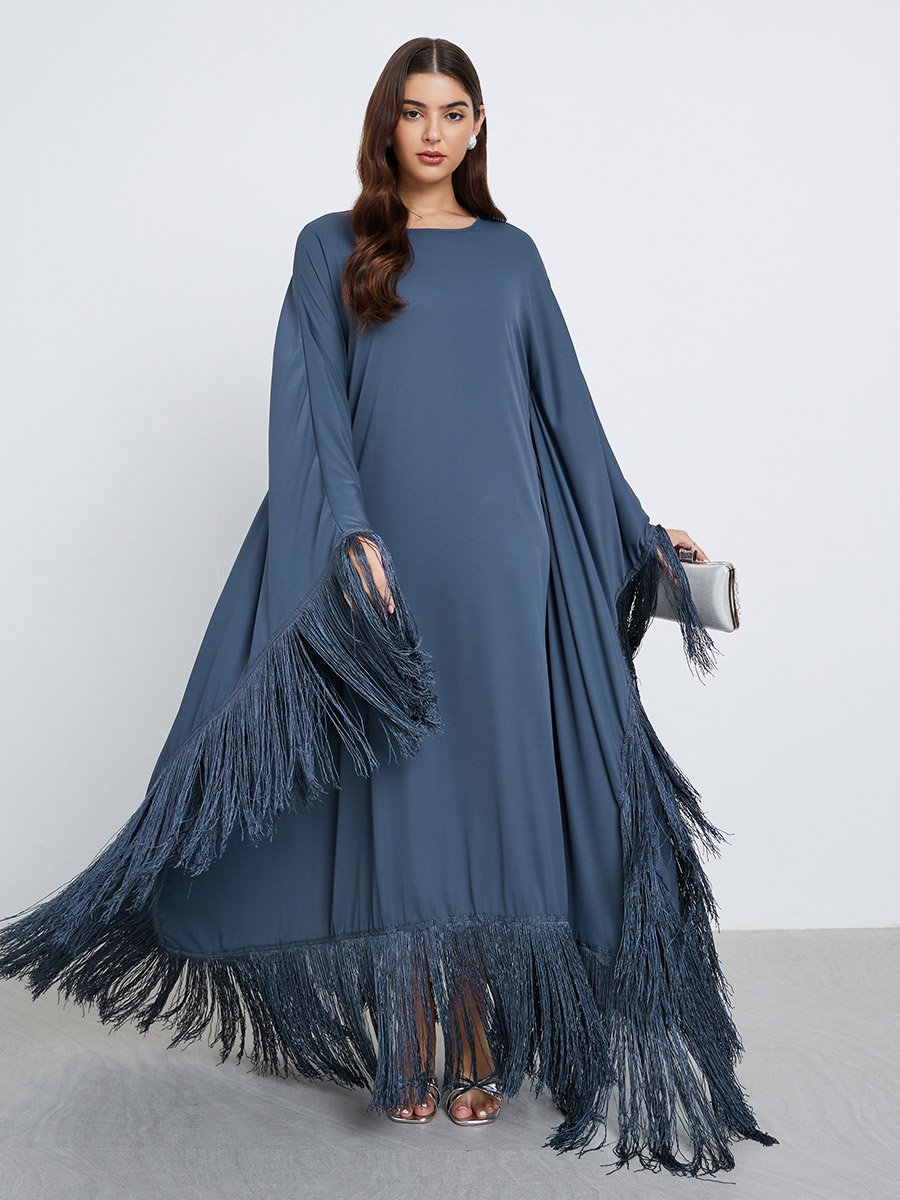 Solid Tasselled Trim Kaftan Maxi Dress