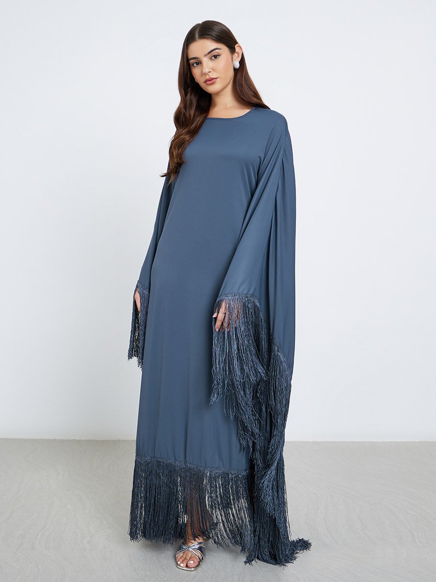 Solid Tasselled Trim Kaftan Maxi Dress