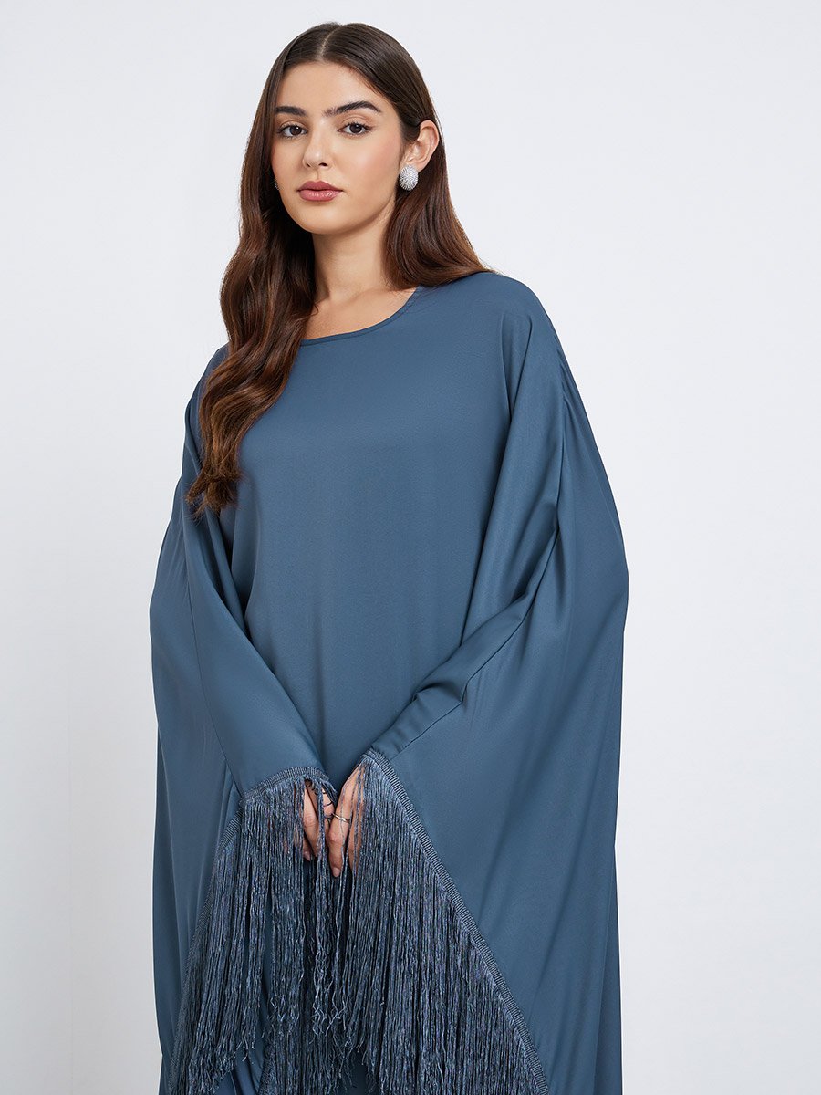 Solid Tasselled Trim Kaftan Maxi Dress