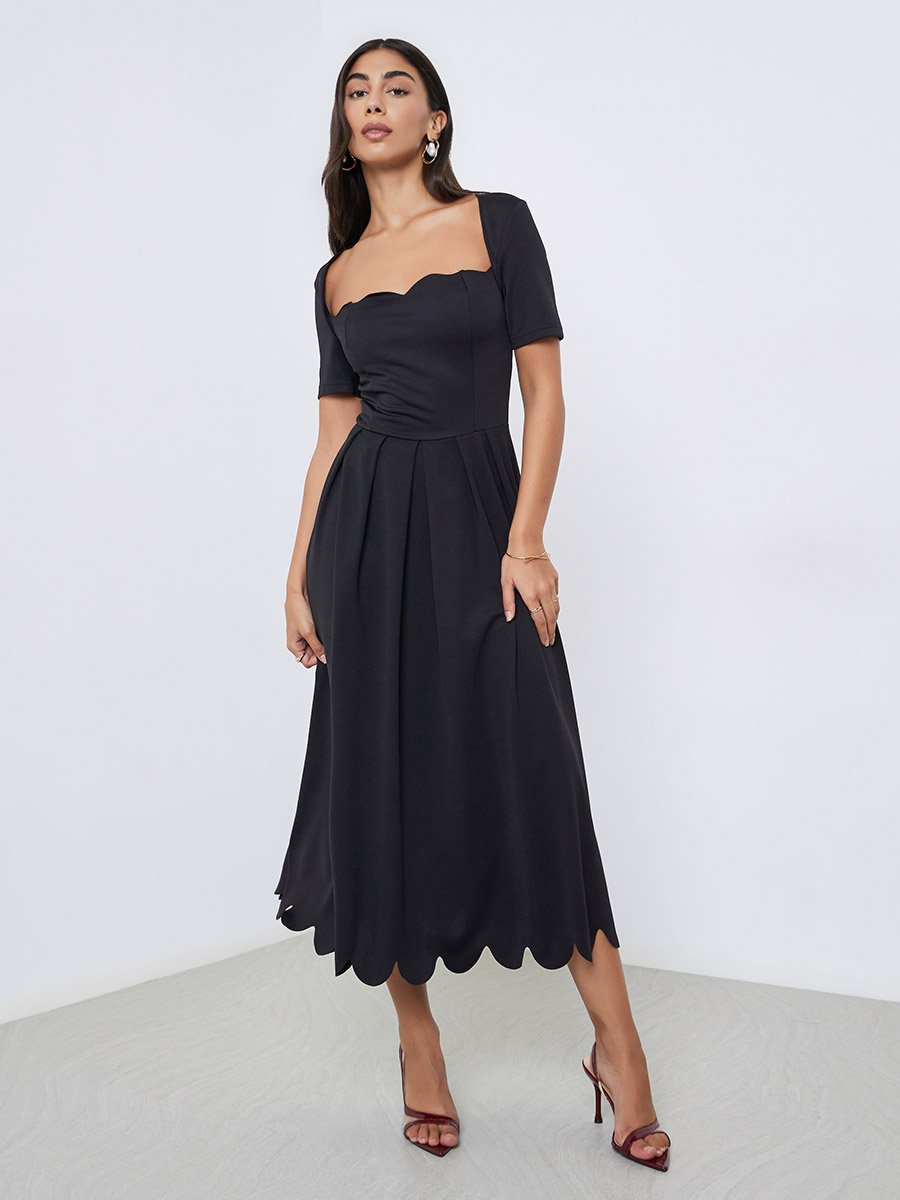 Black A-Line Midi Dress with Scalloped Hem