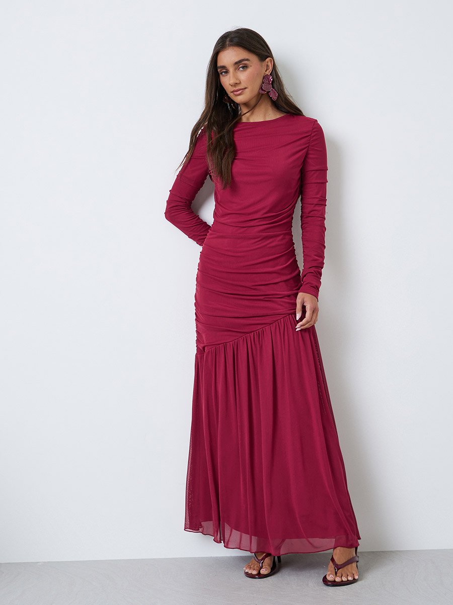 Burgundy Ruffle Mesh Hem Maxi Dress