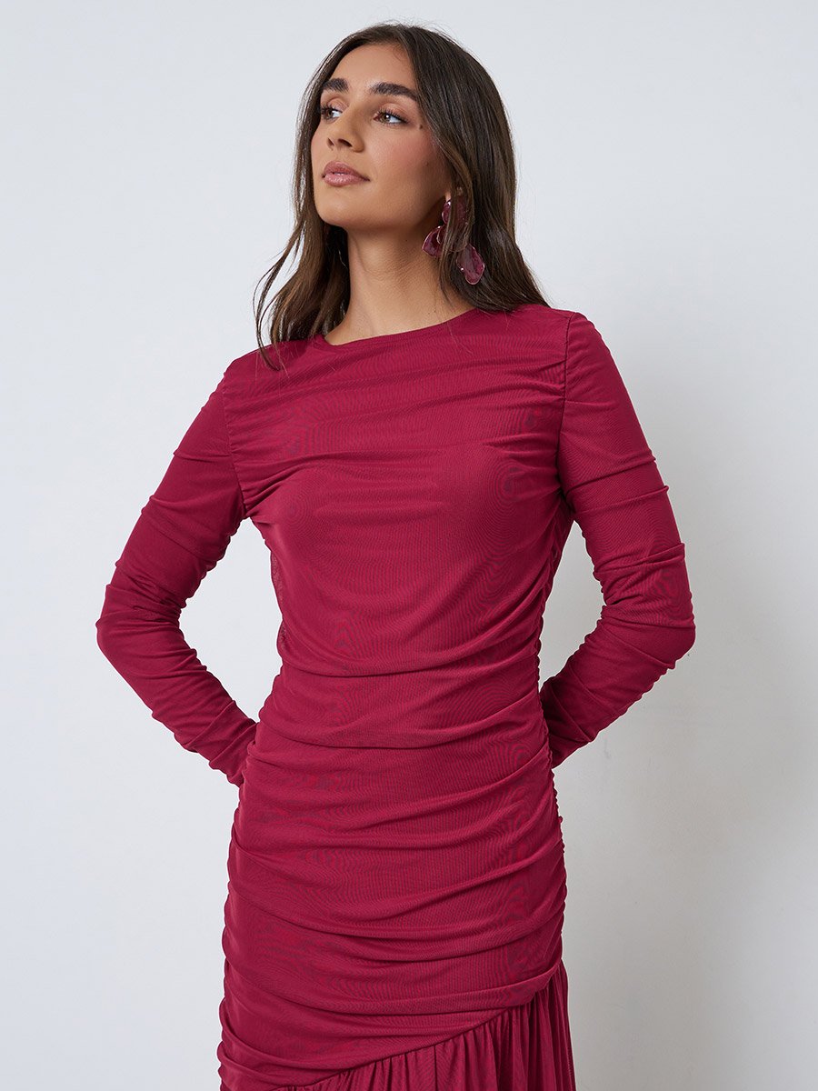 Burgundy Ruffle Mesh Hem Maxi Dress
