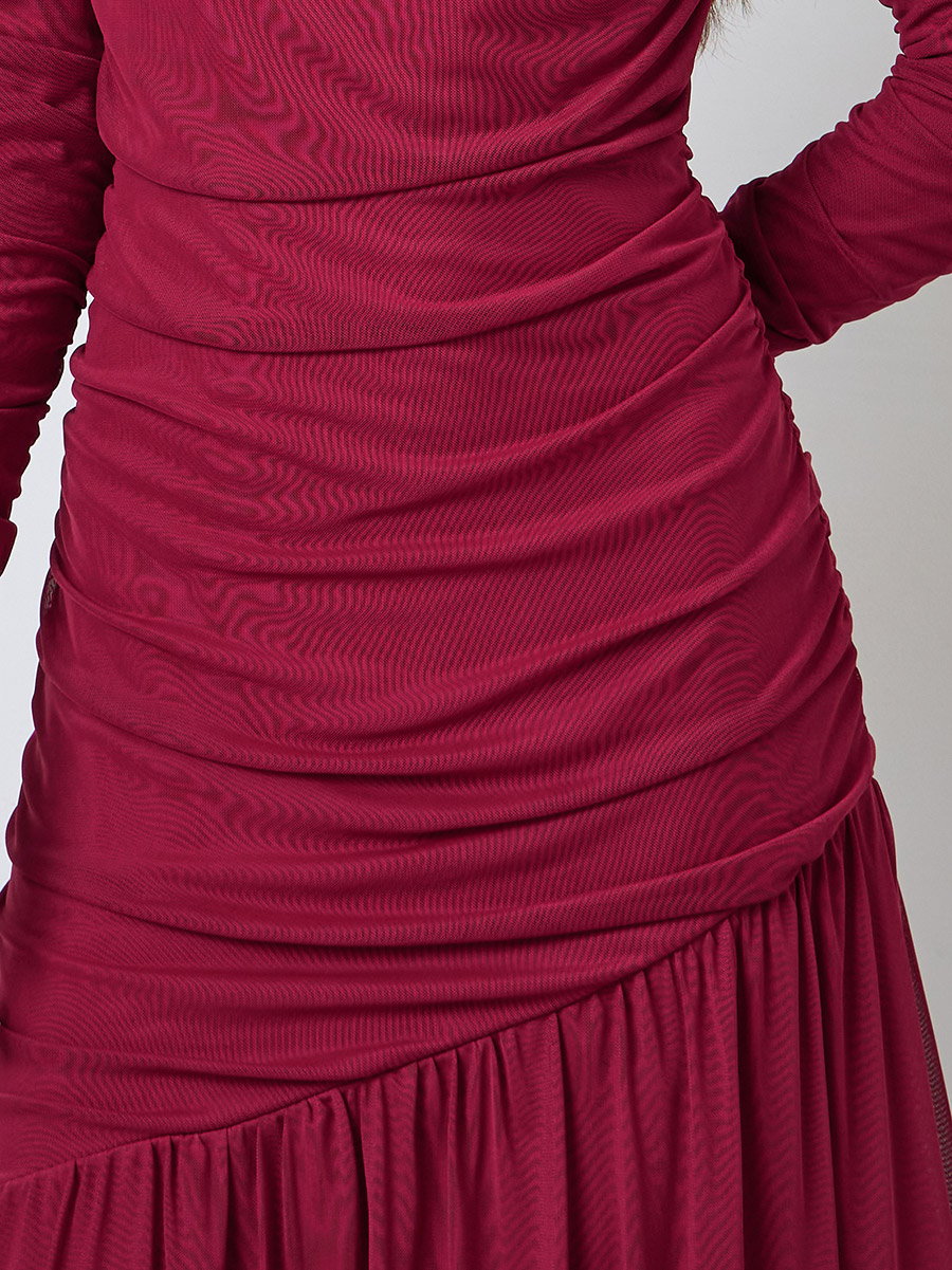 Burgundy Ruffle Mesh Hem Maxi Dress