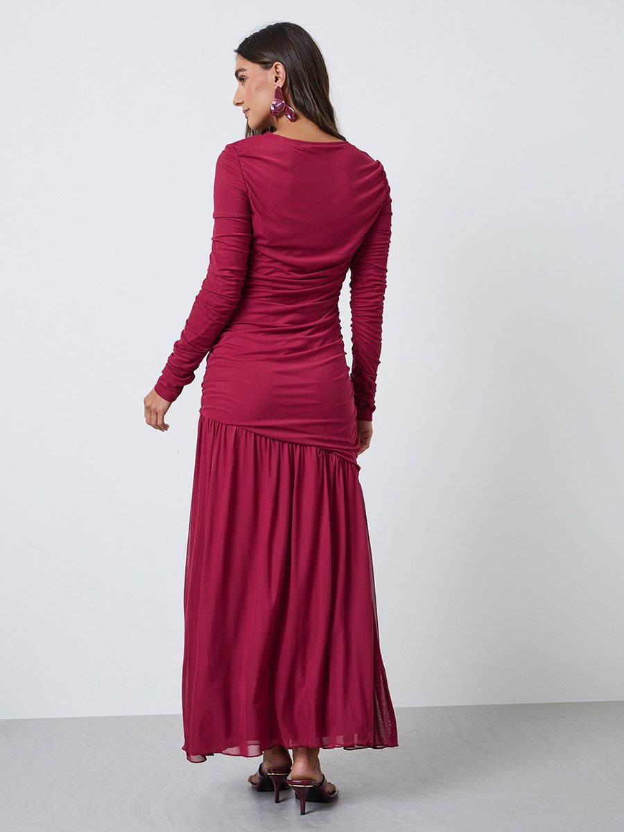 Burgundy Ruffle Mesh Hem Maxi Dress