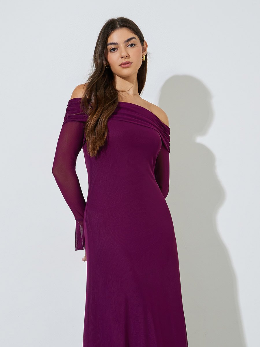 Magenta Solid Off Shoulder Neck Mesh Bodycon Maxi Dress