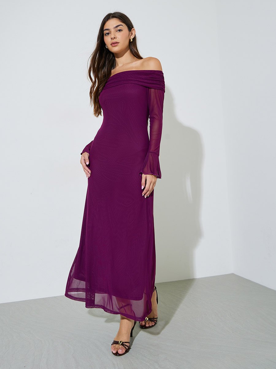 Magenta Solid Off Shoulder Neck Mesh Bodycon Maxi Dress