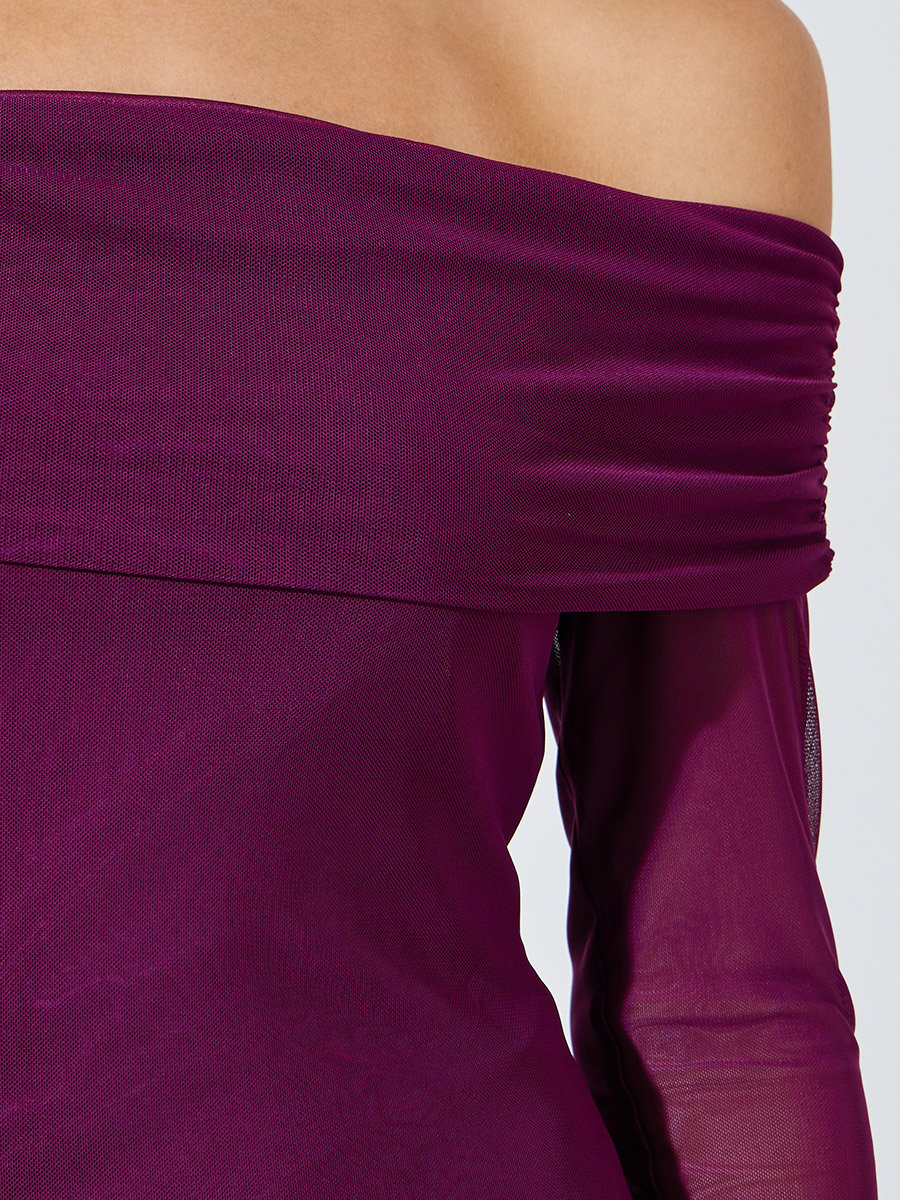 Magenta Solid Off Shoulder Neck Mesh Bodycon Maxi Dress