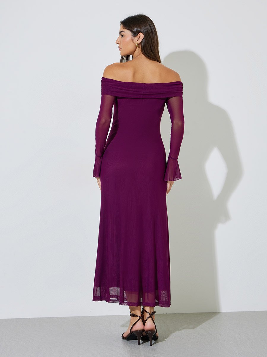 Magenta Solid Off Shoulder Neck Mesh Bodycon Maxi Dress