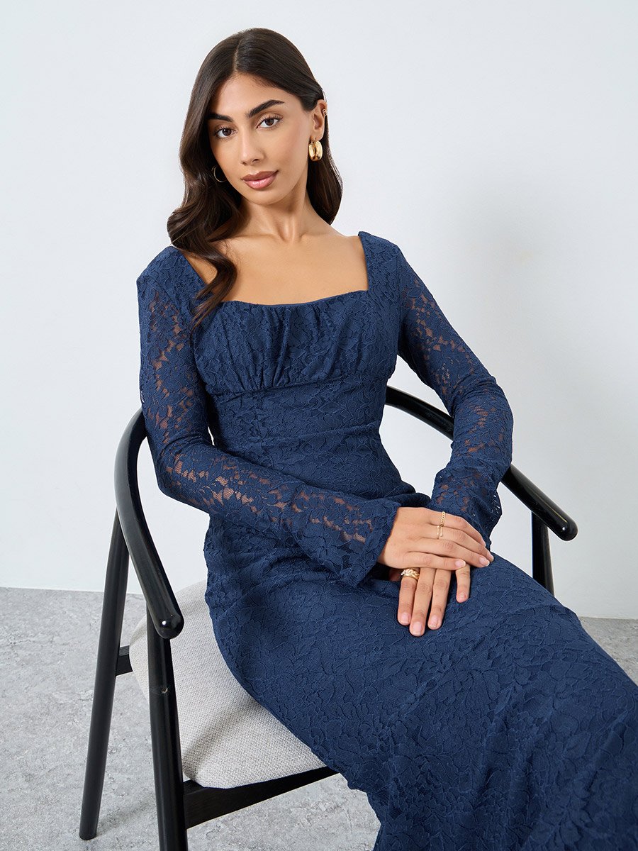 Blue Lace Maxi Dress with Long Sleeves