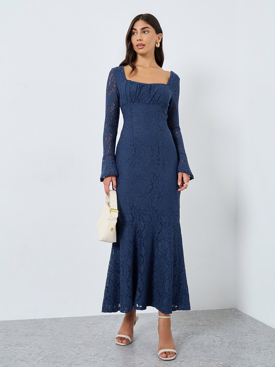 Blue Lace Maxi Dress with Long Sleeves