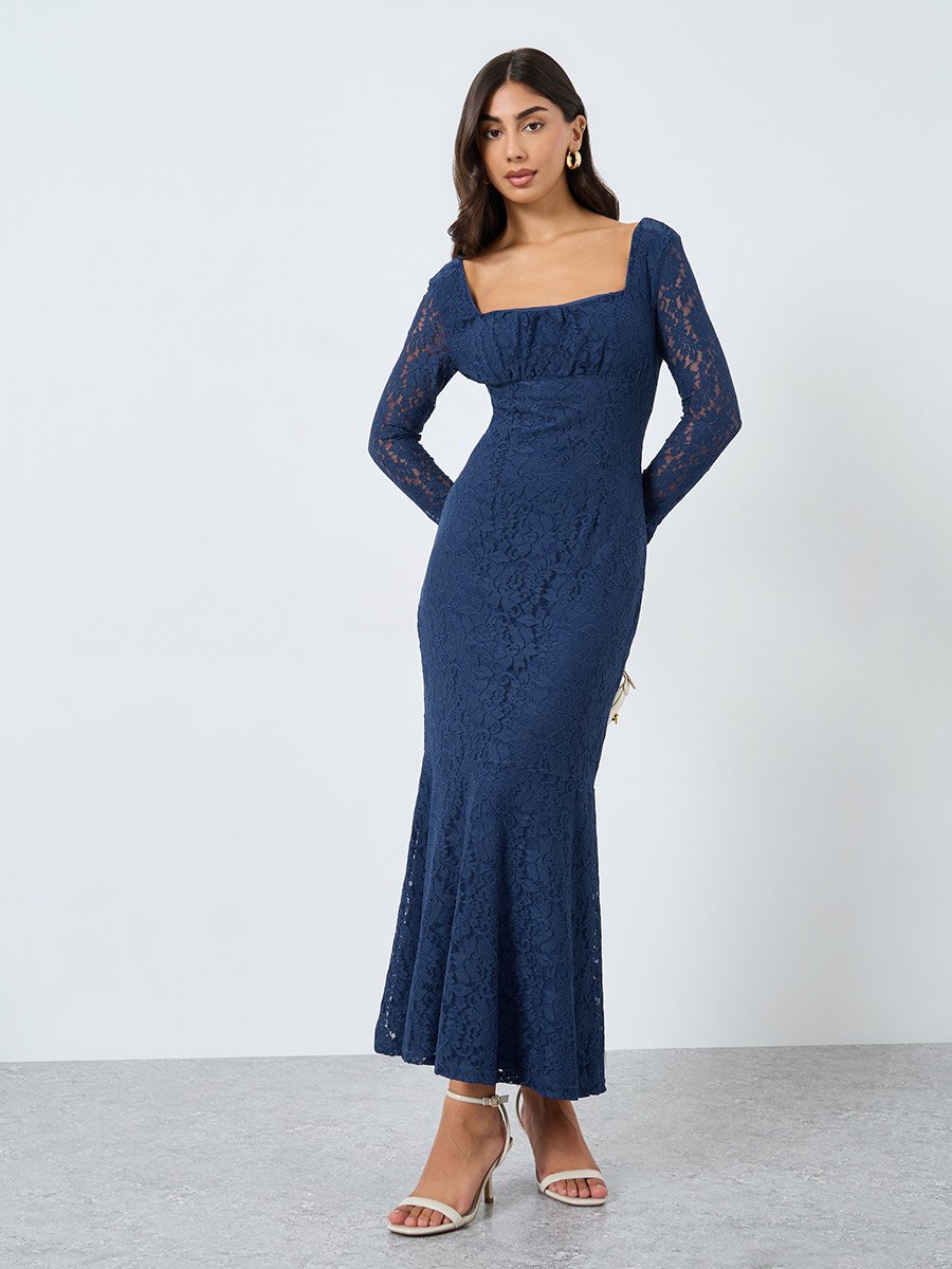 Blue Lace Maxi Dress with Long Sleeves