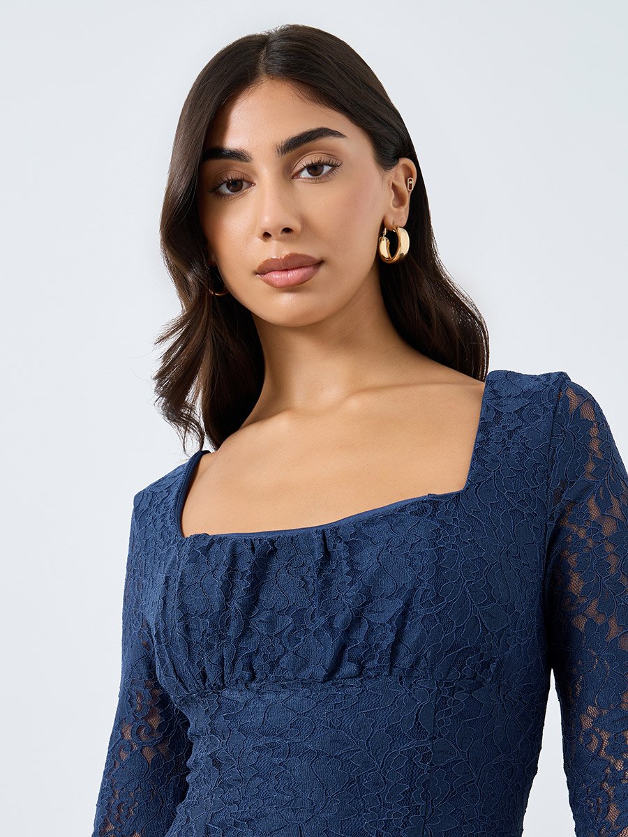 Blue Lace Maxi Dress with Long Sleeves