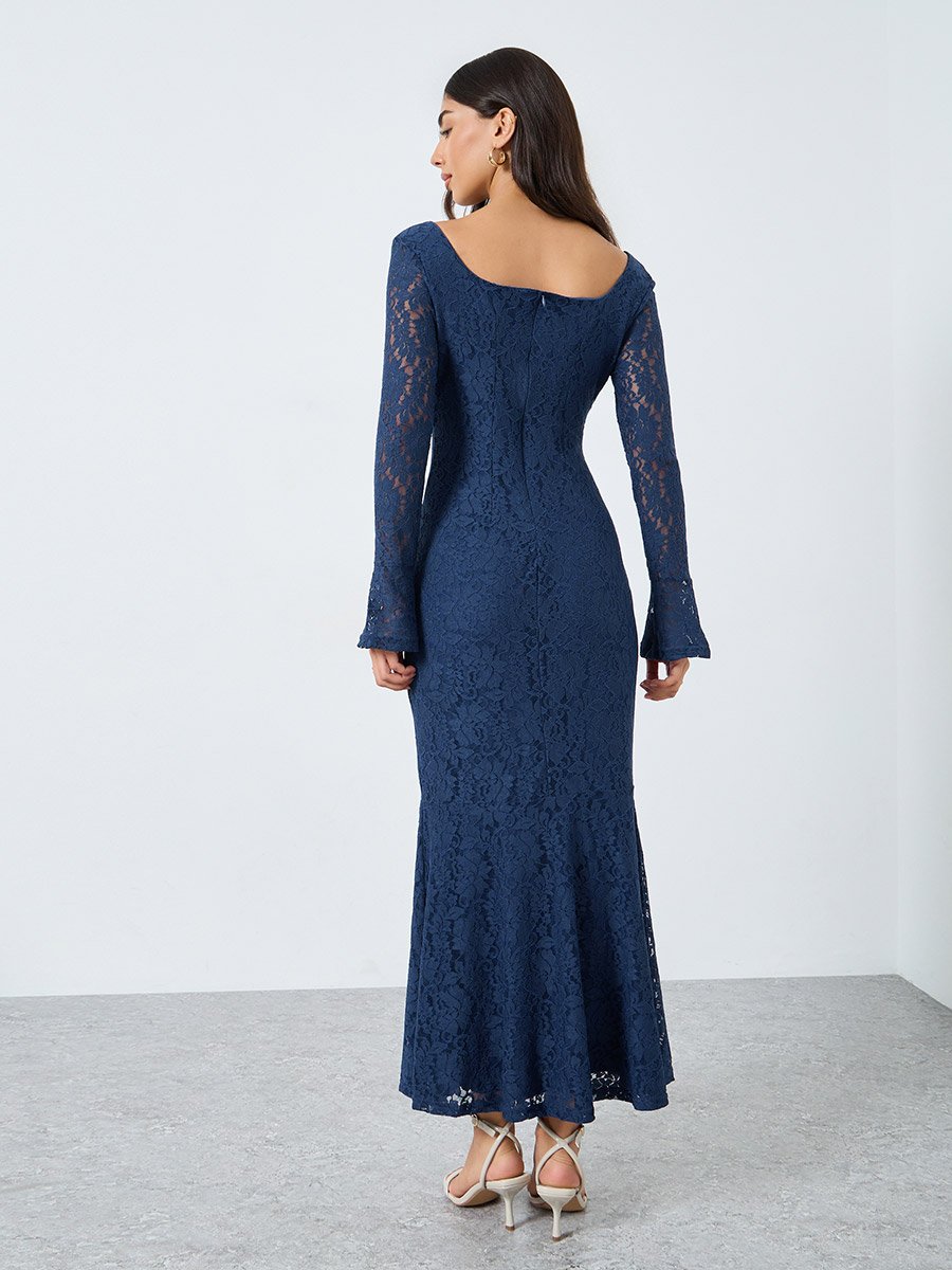 Blue Lace Maxi Dress with Long Sleeves