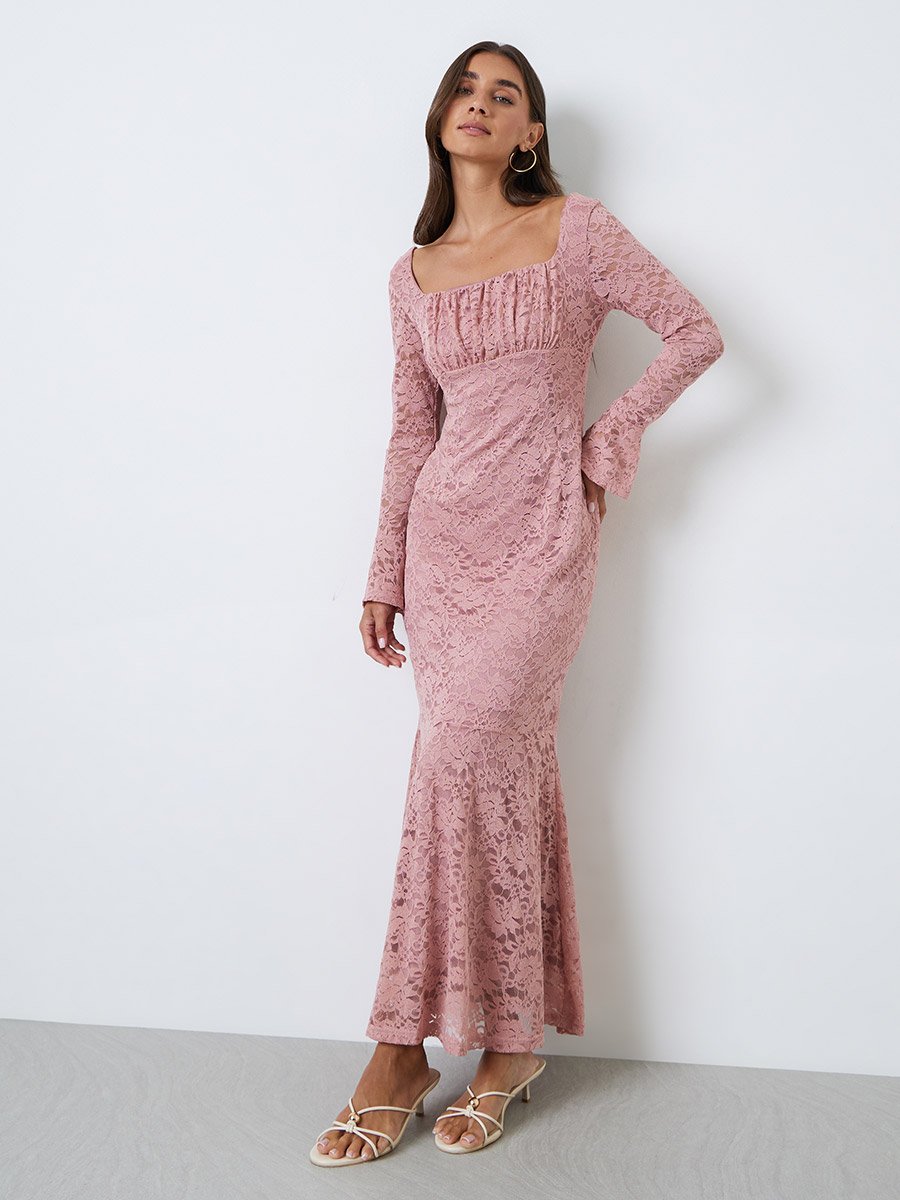 Pink Lace Mermaid Hem Maxi Dress