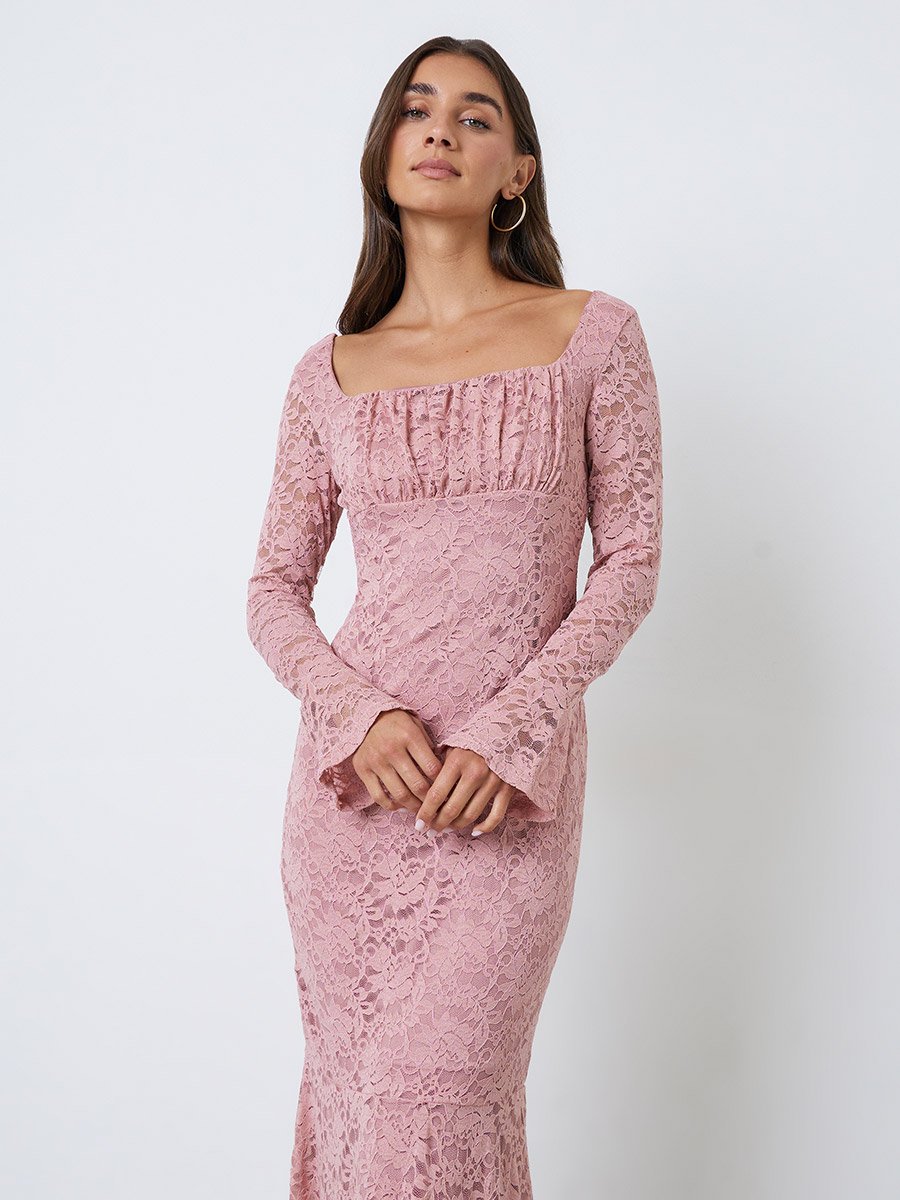 Pink Lace Mermaid Hem Maxi Dress