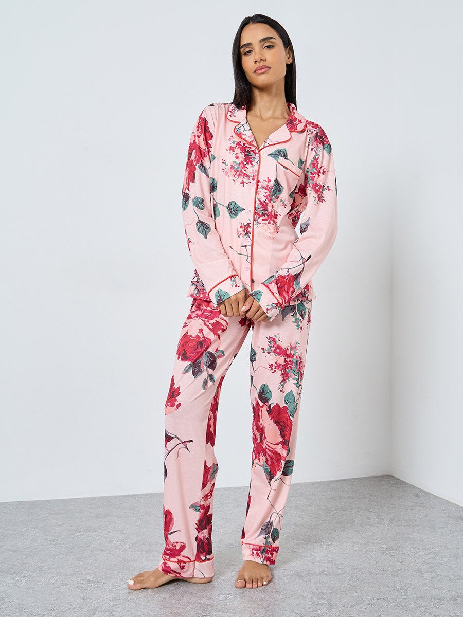 Big Scale Floral Button Through Shirt and Pyjama Set