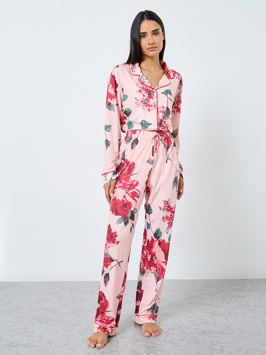 Big Scale Floral Button Through Shirt and Pyjama Set