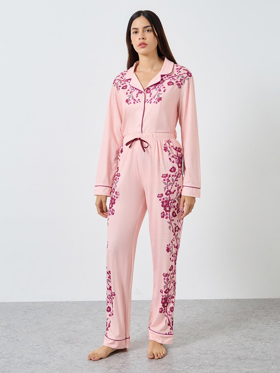Placement Floral Buttoned Shirt and Pyjama Set