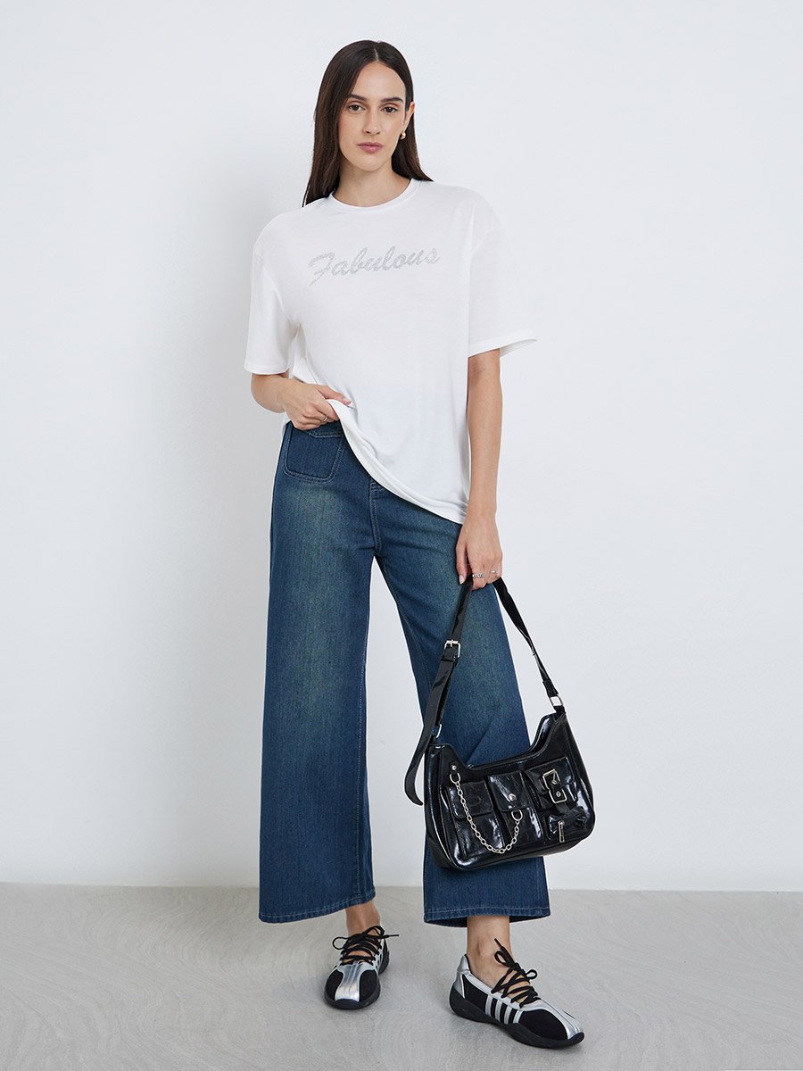 White Slogan Embellished Oversized T-Shirt