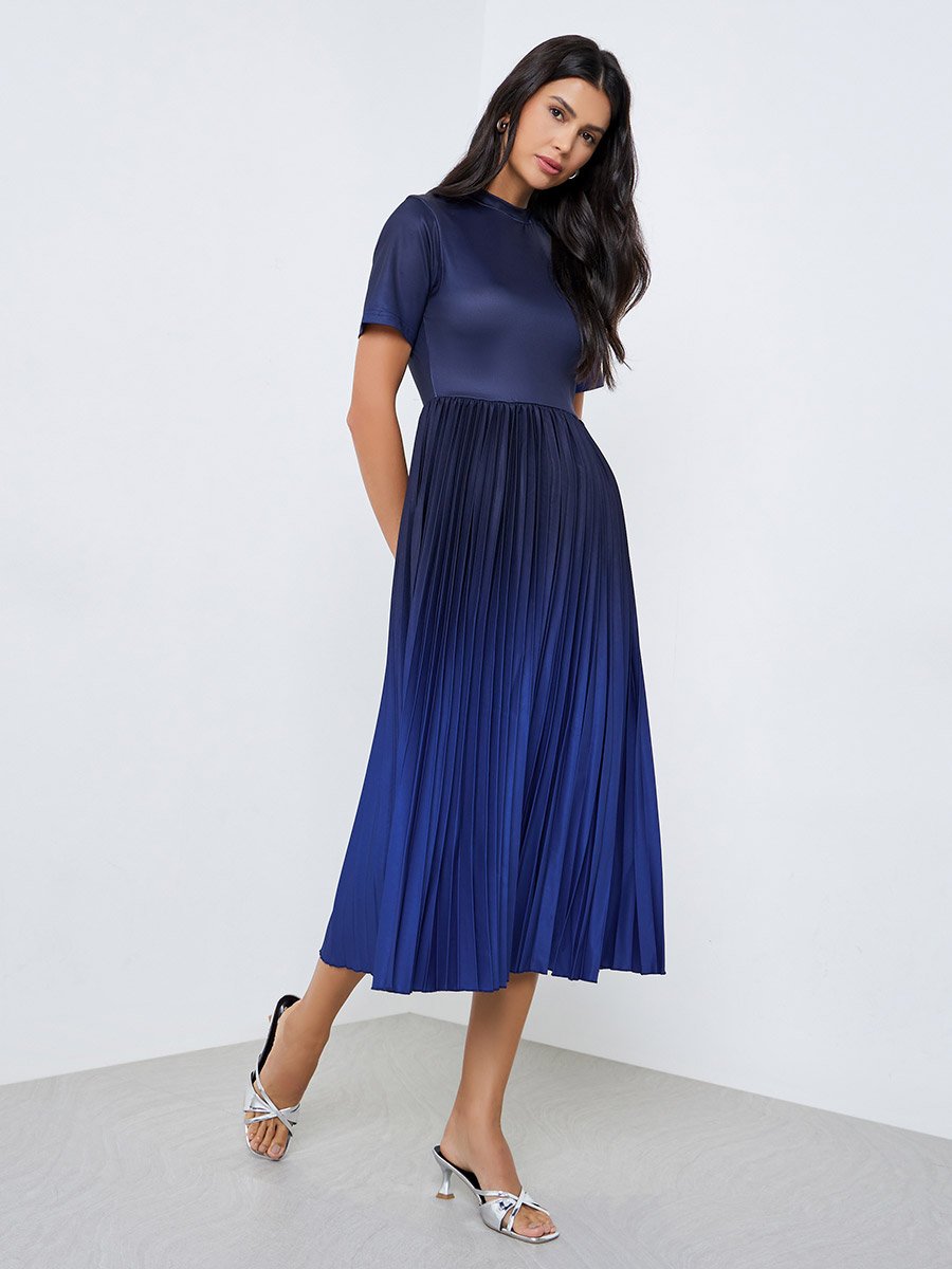 Blue Pleated Short Sleeves A-Line Midi Dress